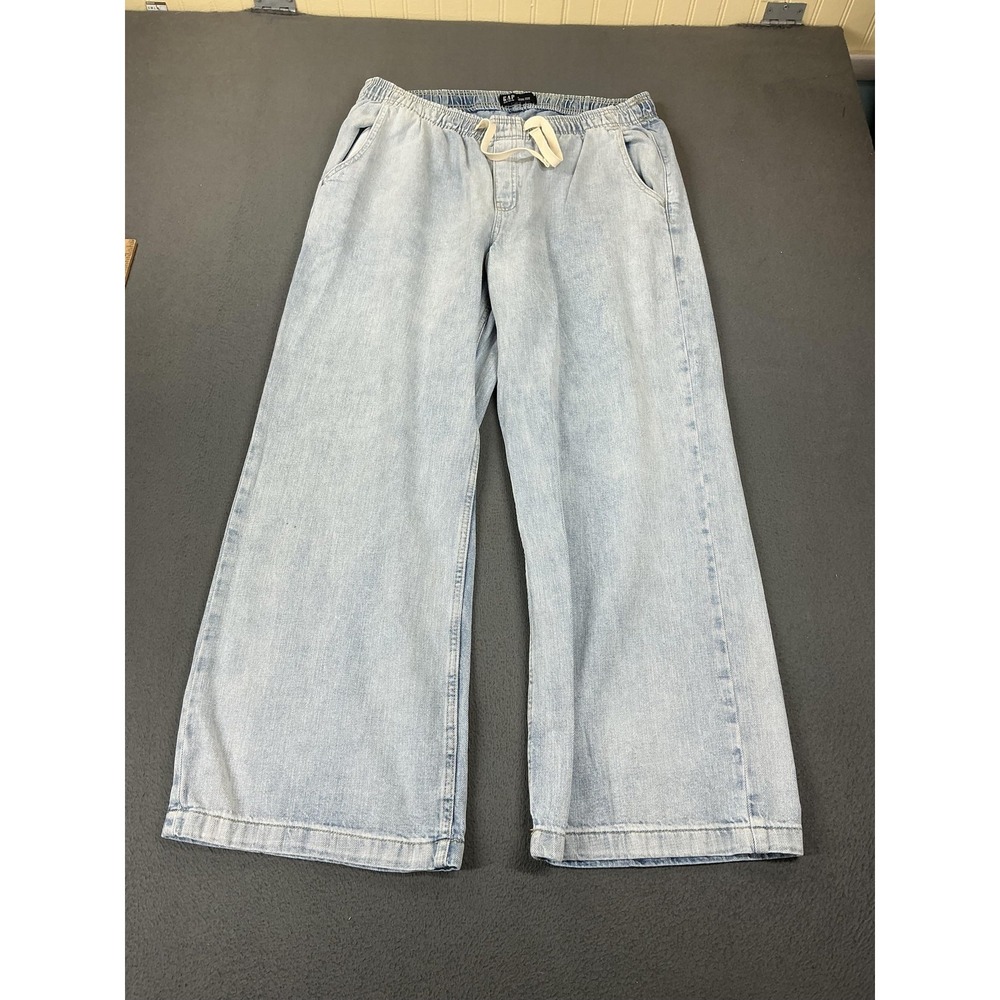 Gap Jeans Womens L‎ Blue High Rise Wide-Leg Pull On Elastic Drawstring Denim